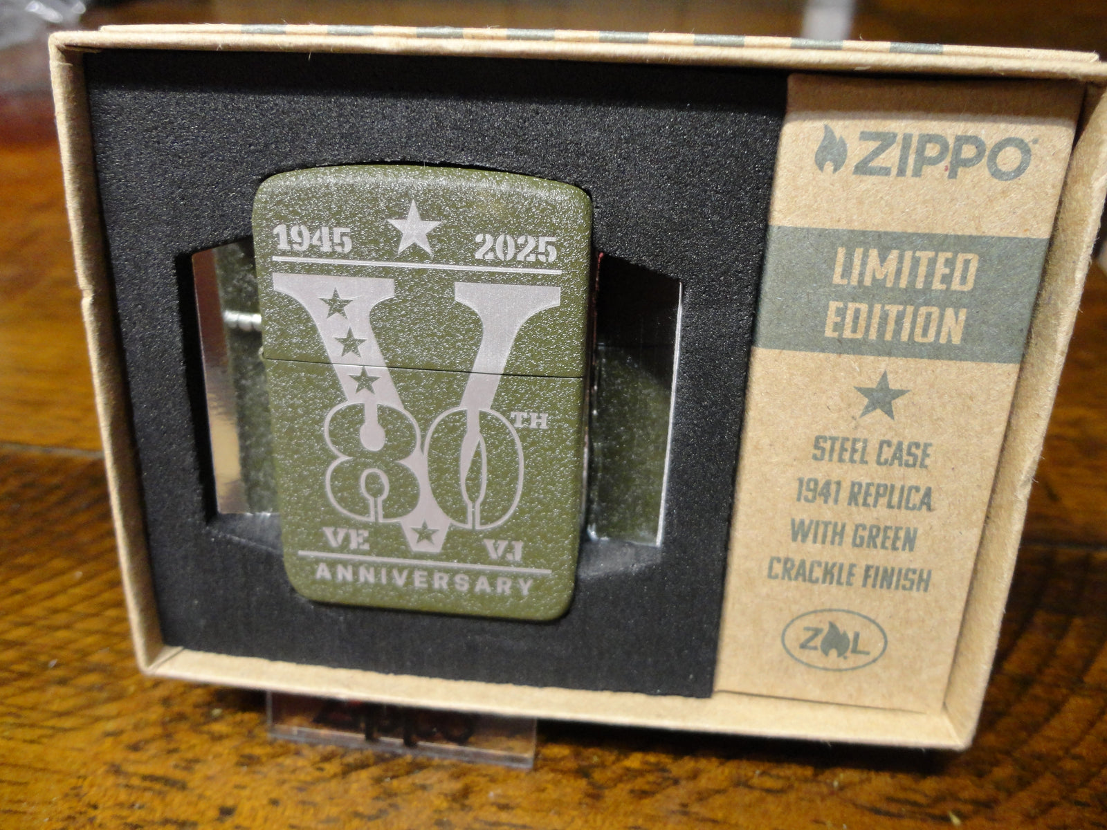 80th Anniversary VE VJ Day Victory Steel Green Crackle Zippo Lighter